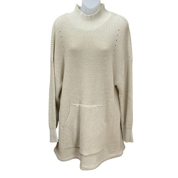 RDI Sweater Tunic Mock Turtleneck Funnel Tan Sand Kangaroo Pocket Women Small - Picture 1 of 11